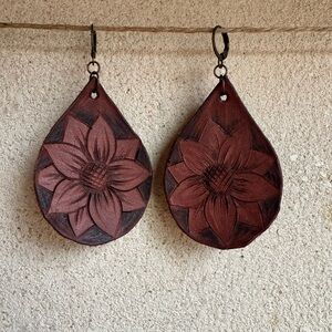 Handcrafted Floral Teardrop Leather Earrings in Dark Brown